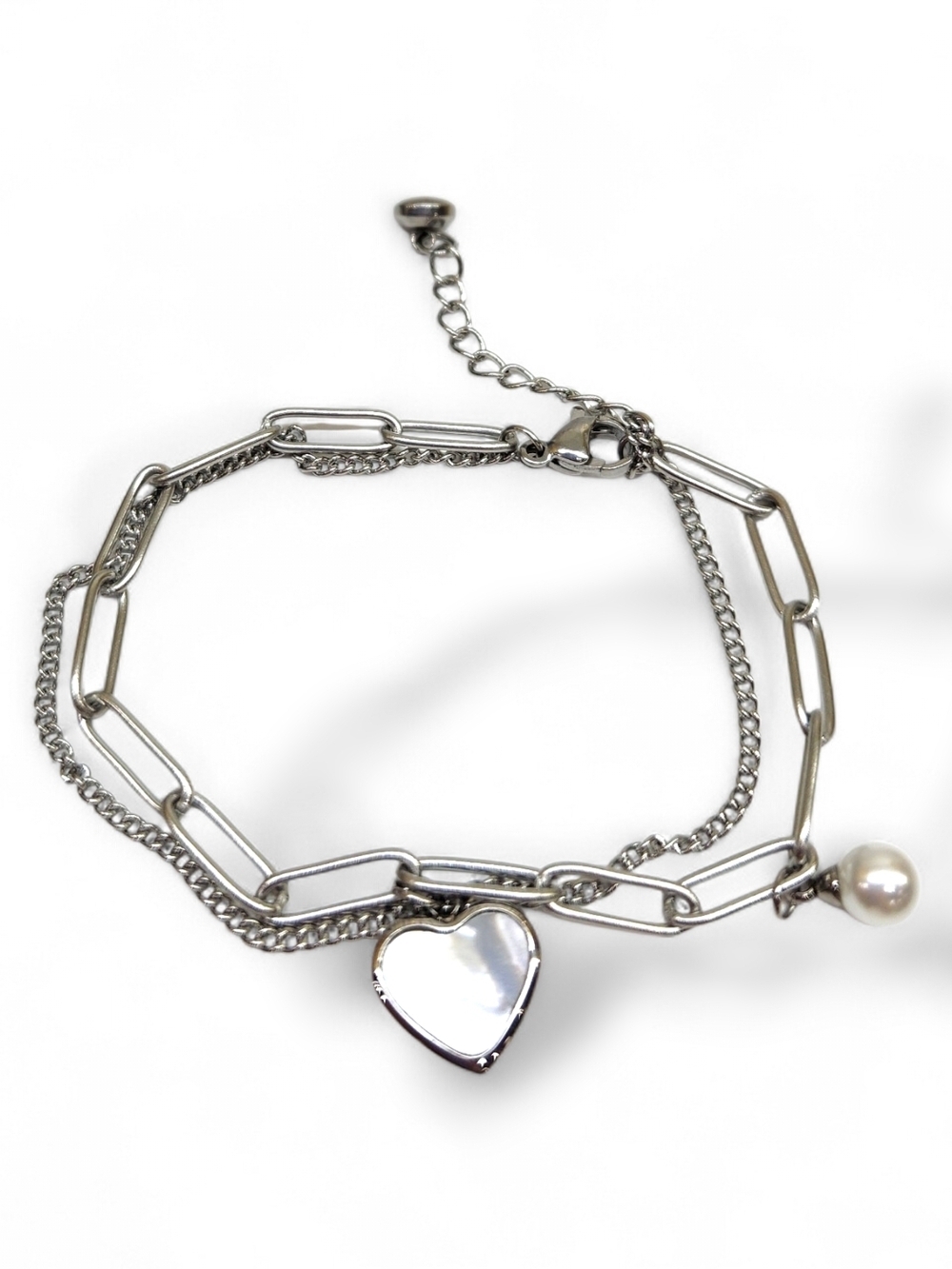 Silver Heart Pendant Multi-Chain Bracelet with Pearl Accent